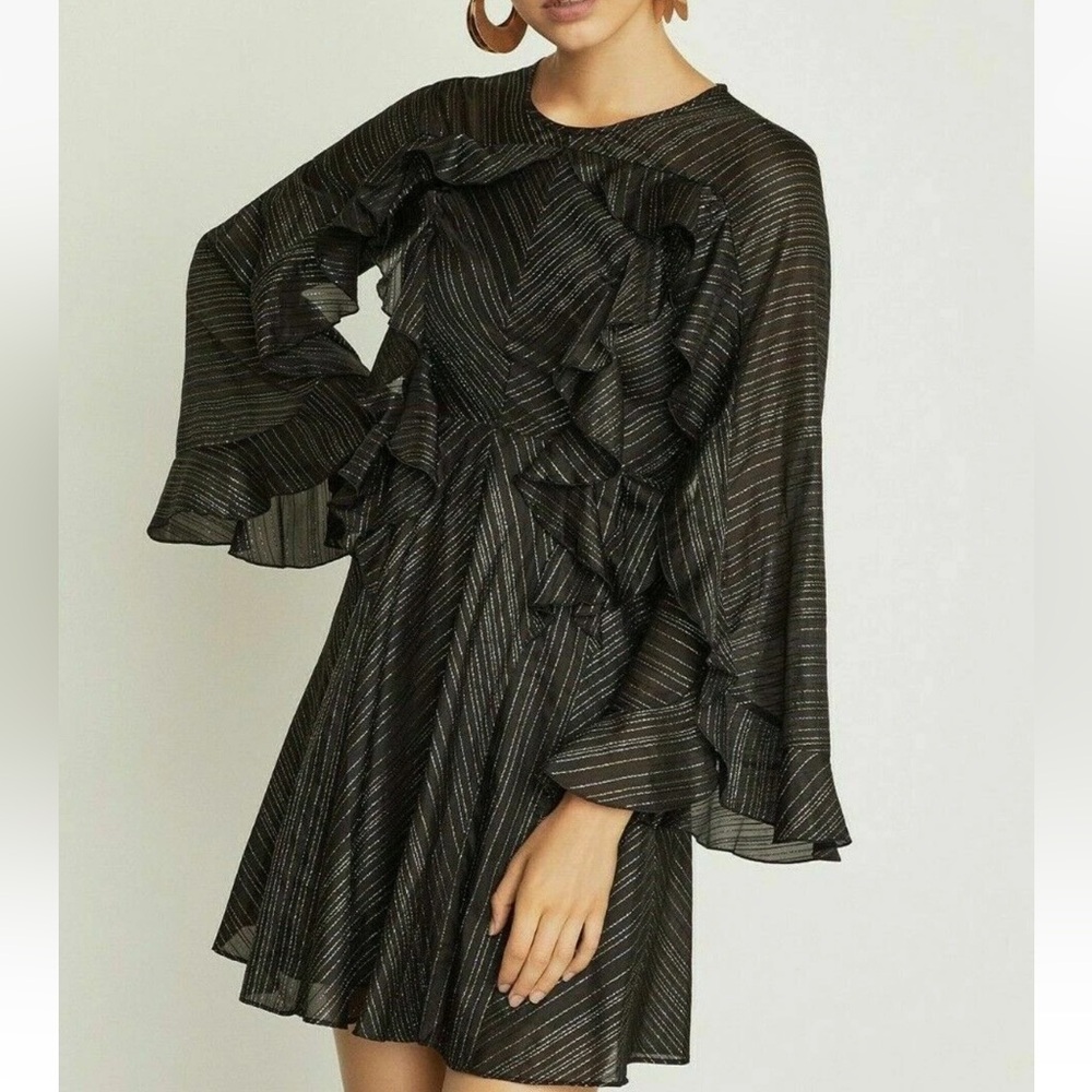 BCBGMaxazria Metallic Ruffled Detail Black Silver & Gold Cocktail Dress Large - Picture 2 of 13